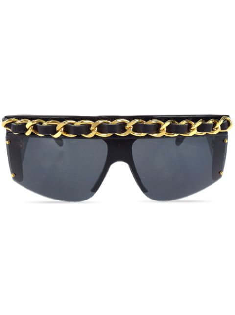 HOT SALE CHANEL 1980-1990s chain-trimmed shield-frame sunglasses Women