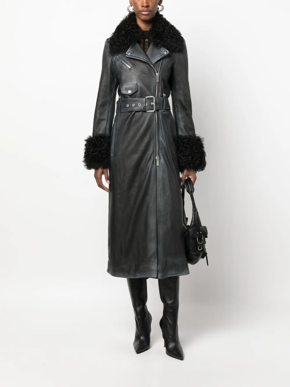 faux fur-trim leather coat