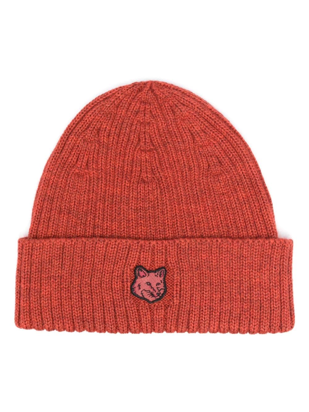 Shop Maison Kitsuné Fox-patch Ribbed-knit Beanie In Rot