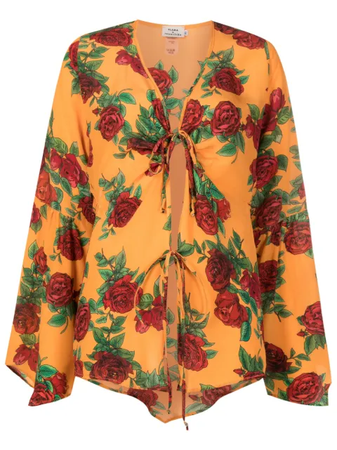 Amir Slama rose-pattern tie-fastening blouse