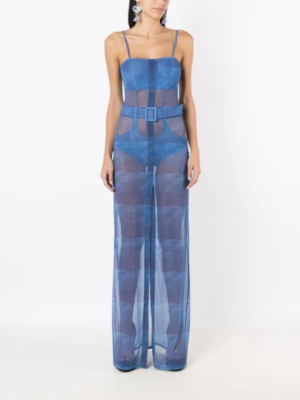Amir Slama sheer-finish belted-waist Maxi Dress Blue FARFETCH JO