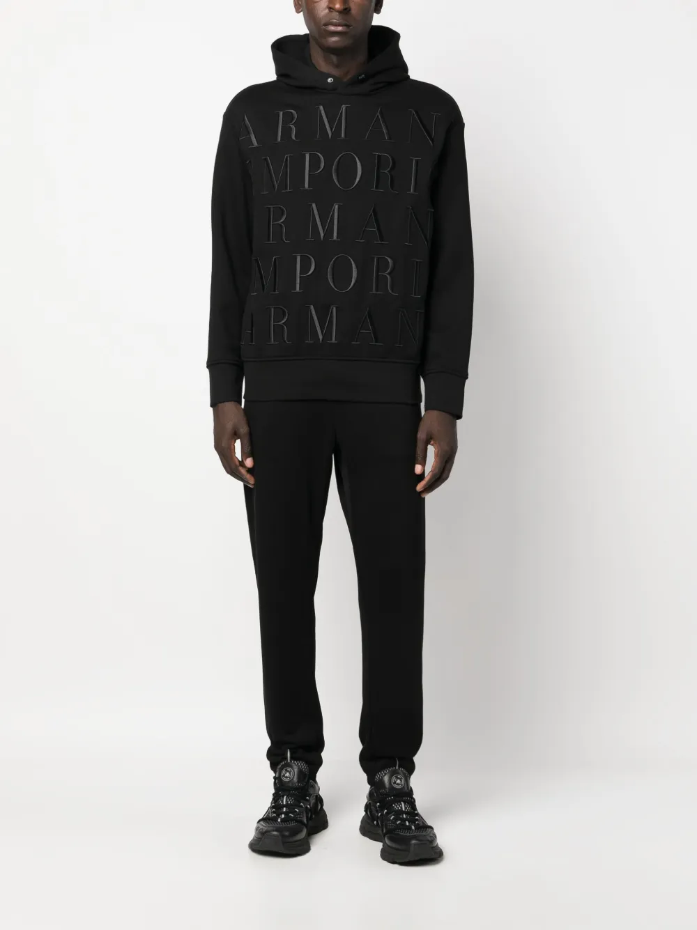 Emporio Armani logo-embroidered cotton hoodie - Zwart