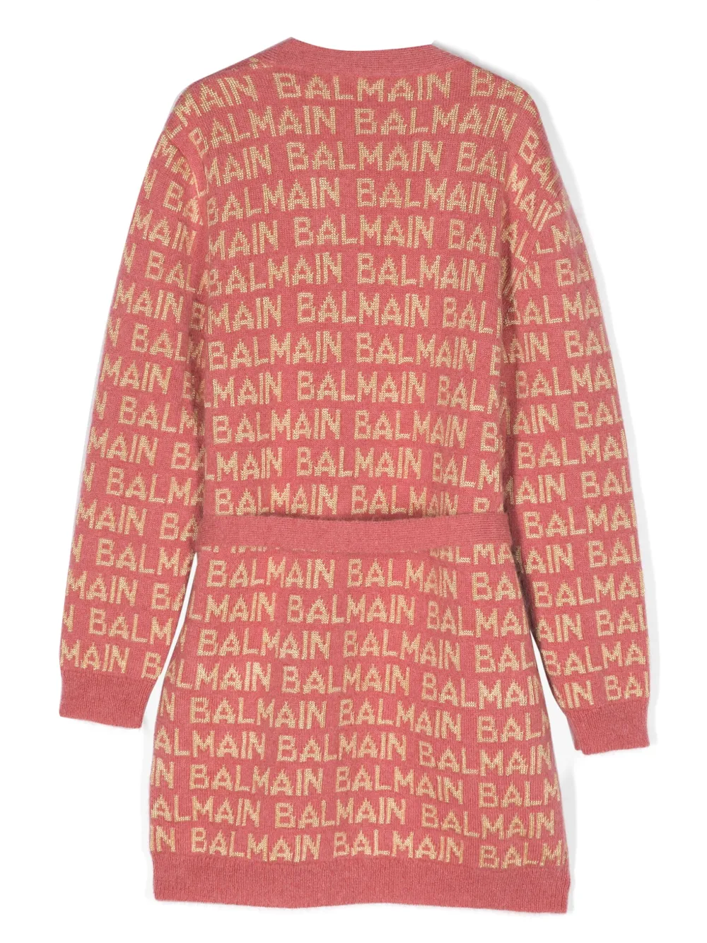 Shop Balmain Intarsia-knit Logo Belted Cardigan In 粉色