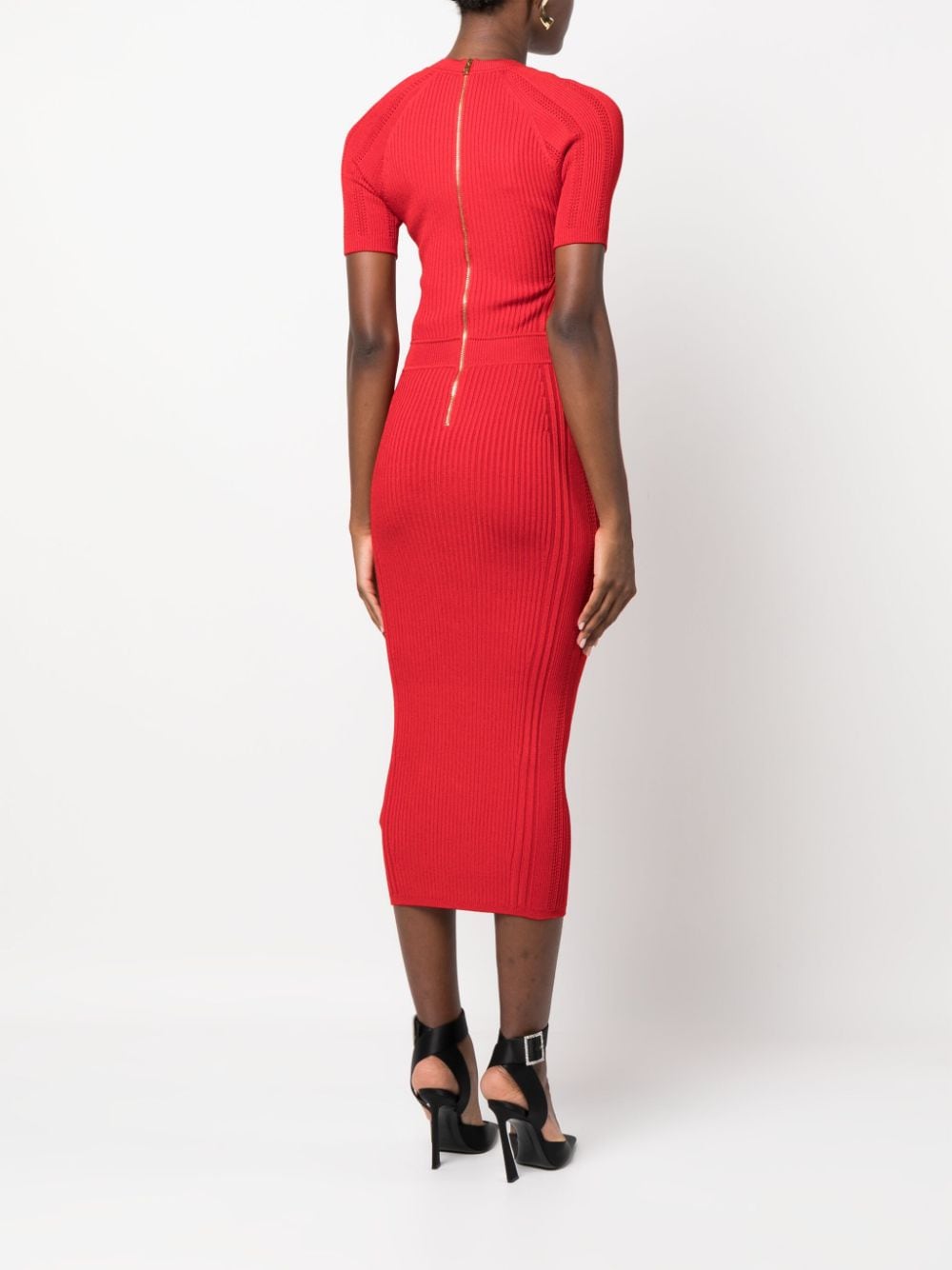 Shop Balmain Button-embellished Ribbed-knit Dress In Red