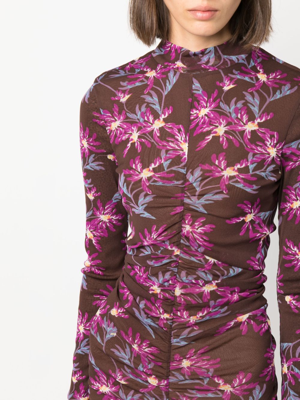 Shop Diane Von Furstenberg Floral-print Ruched Dress In Brown