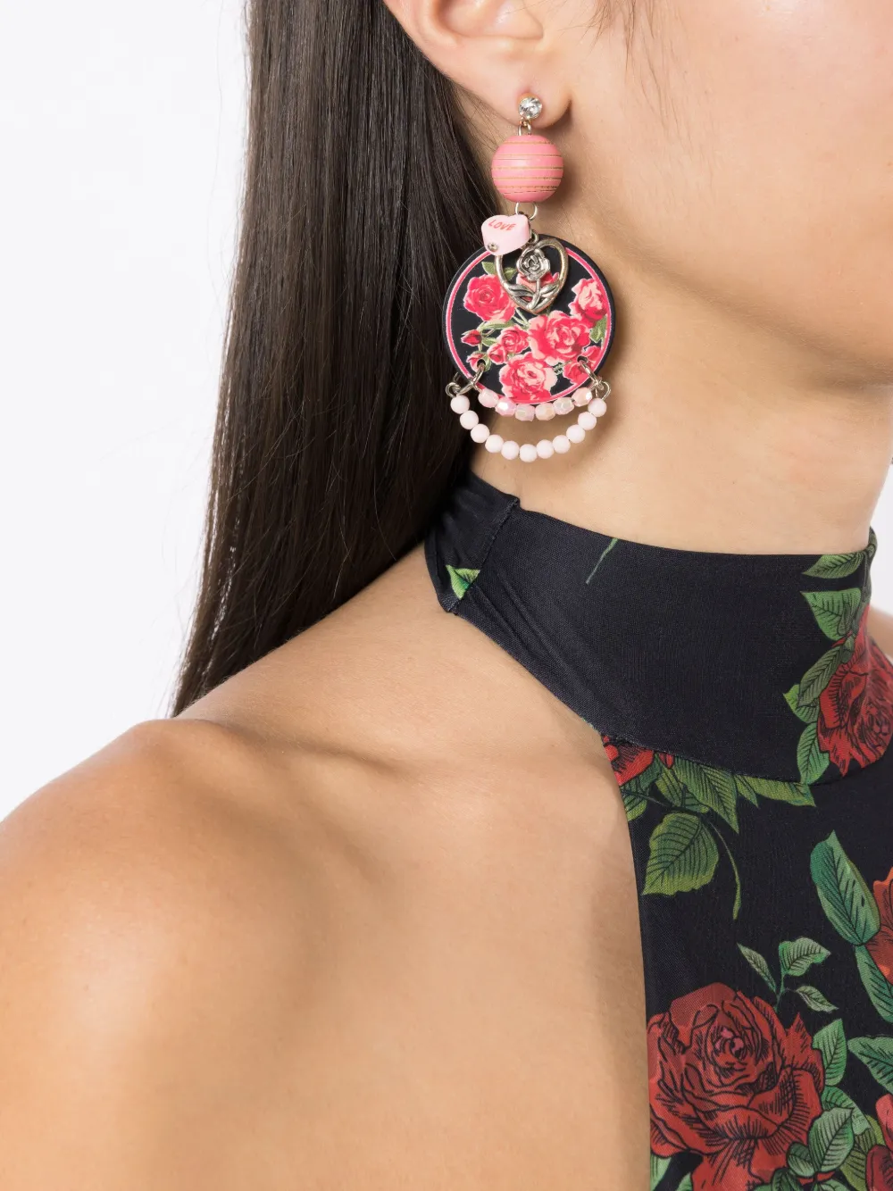 Shop Amir Slama Floral-print Pearl-detail Earrings In Pink