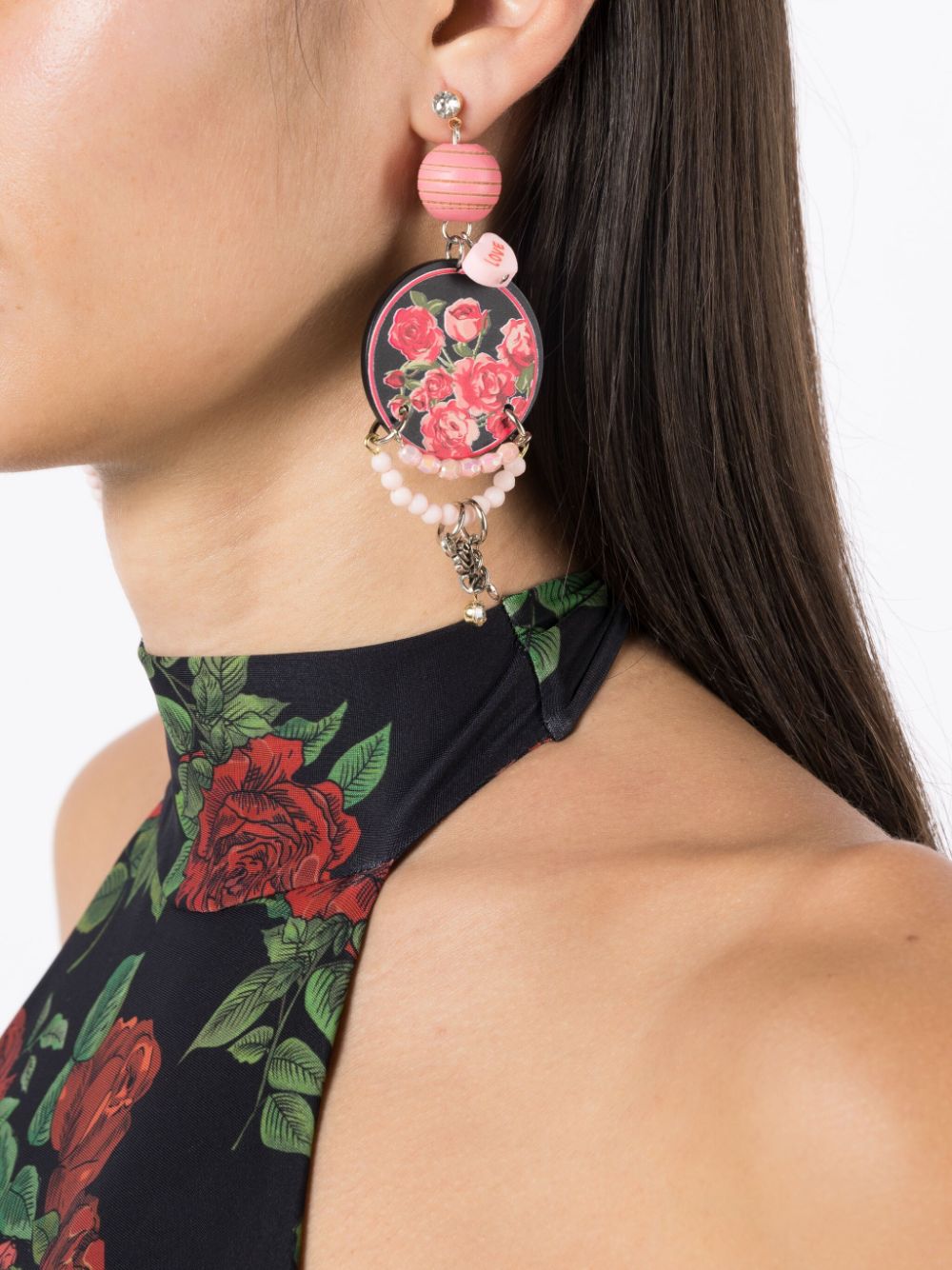 Shop Amir Slama Floral-print Pearl-detail Earrings In Pink