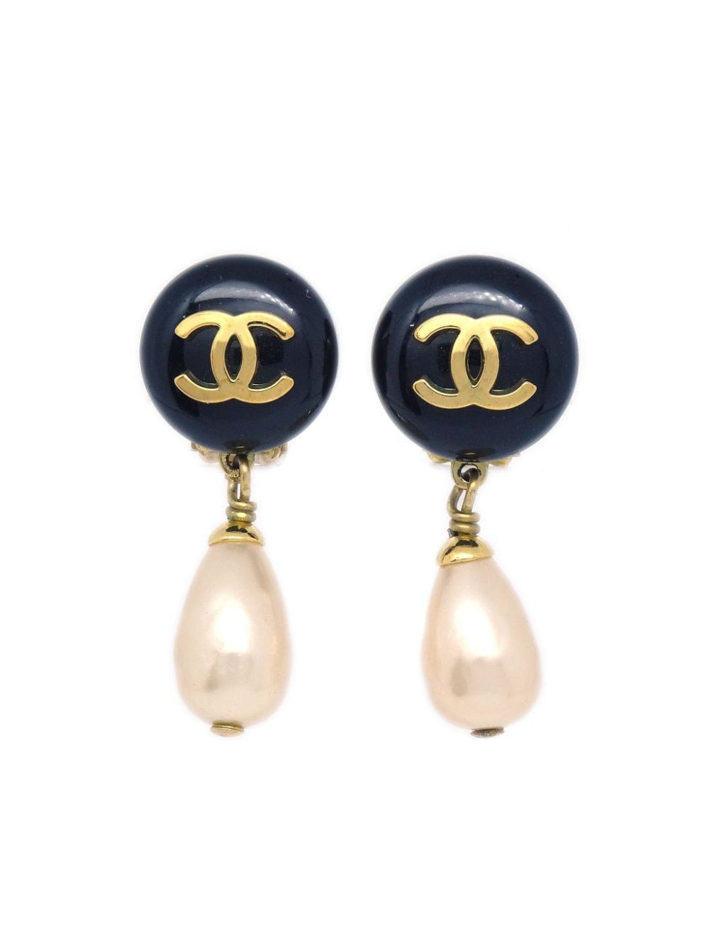Pre-owned 1994 Cc Faux-pearl Clip-on Earrings In Gold