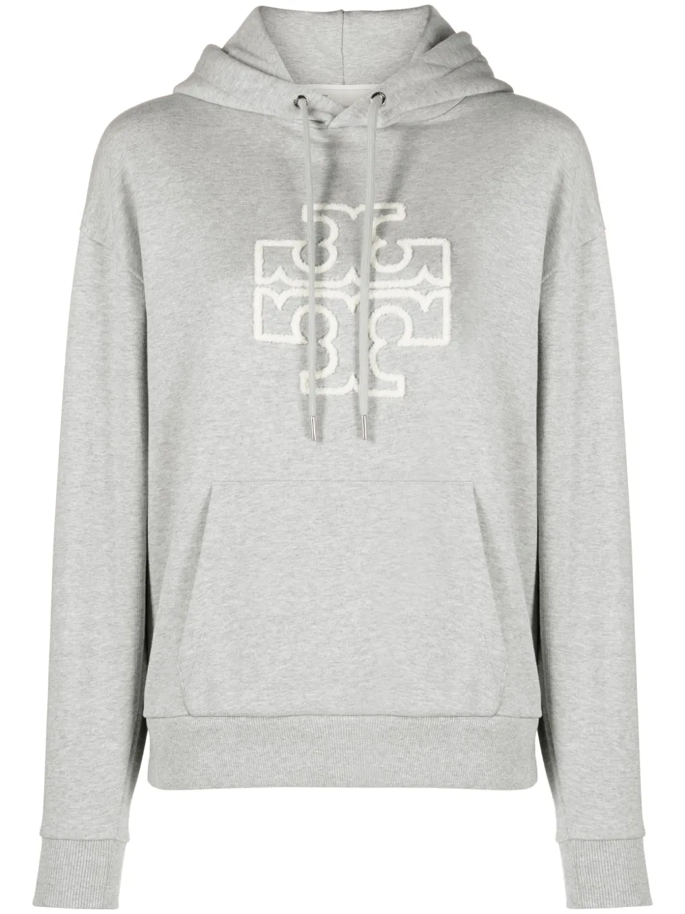 Tory Burch Double T Drawstring Cotton Hoodie In Grey