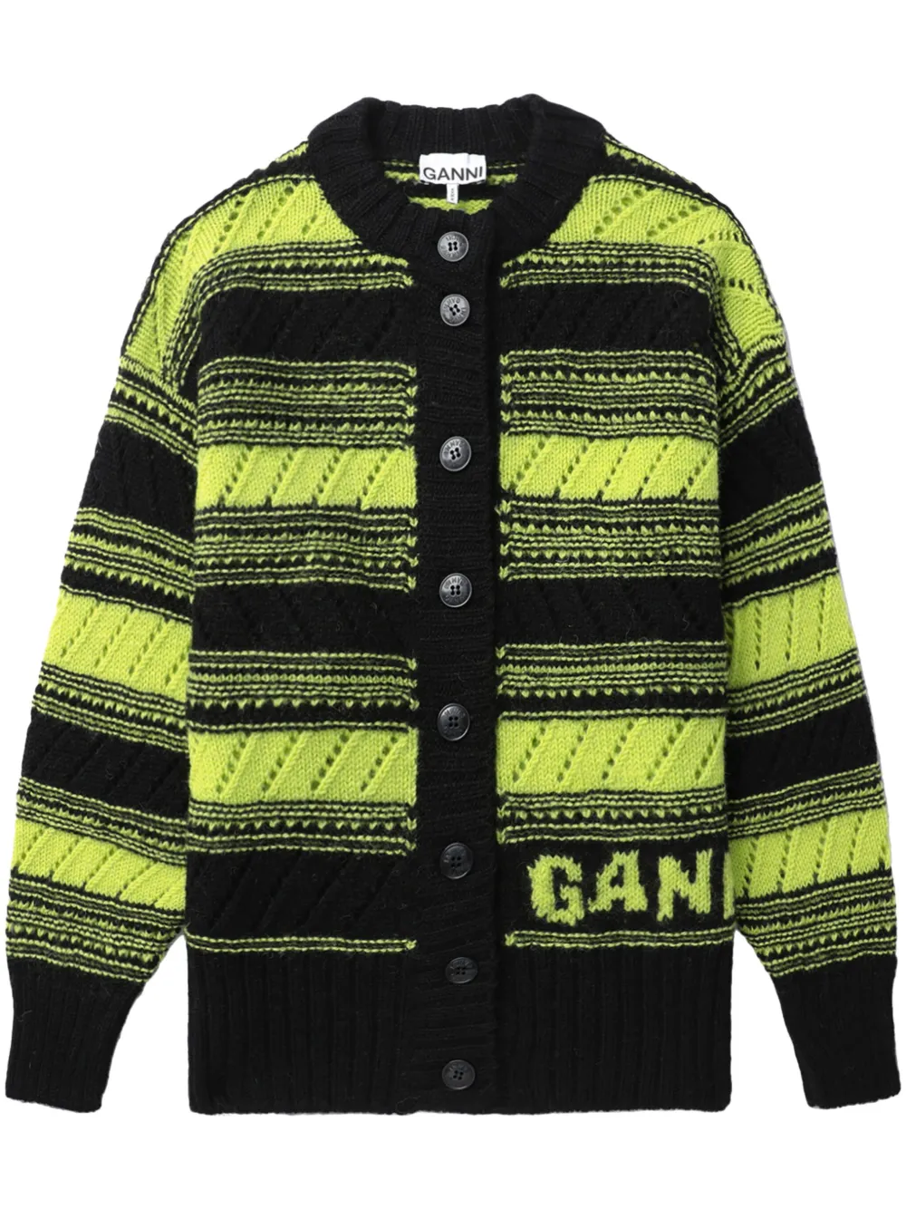 Ganni Logo-intarsia Striped Wool Cardigan In Black