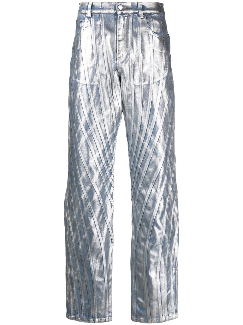 metallic-finish straight-leg jeans