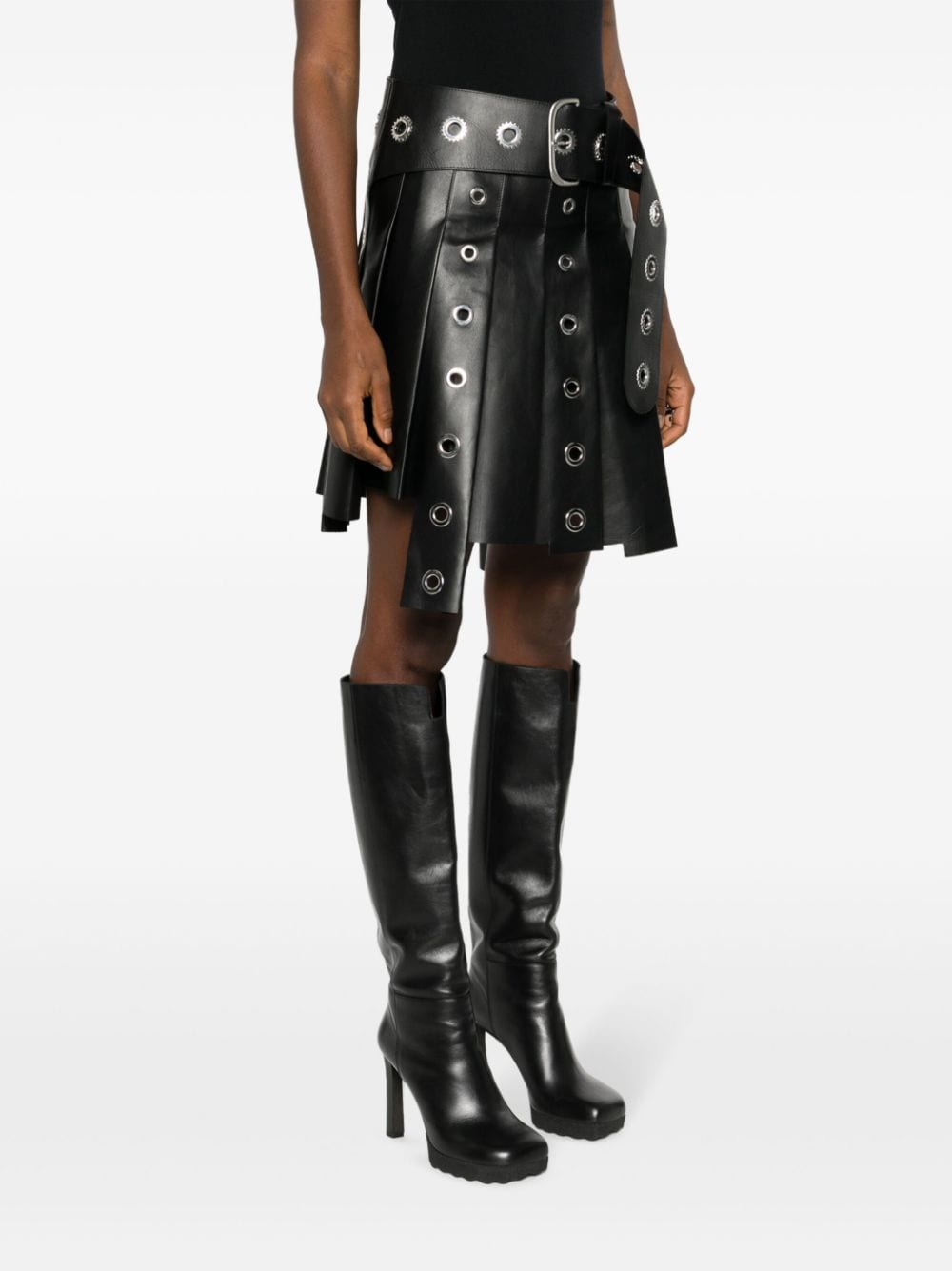 Shop Off-white Eyelet-embellished Asymmetric Pleated Miniskirt In Black