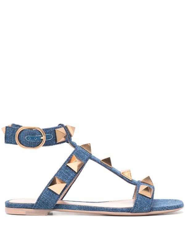 Roman Stud Flat Slide In Denim for Woman in Denim