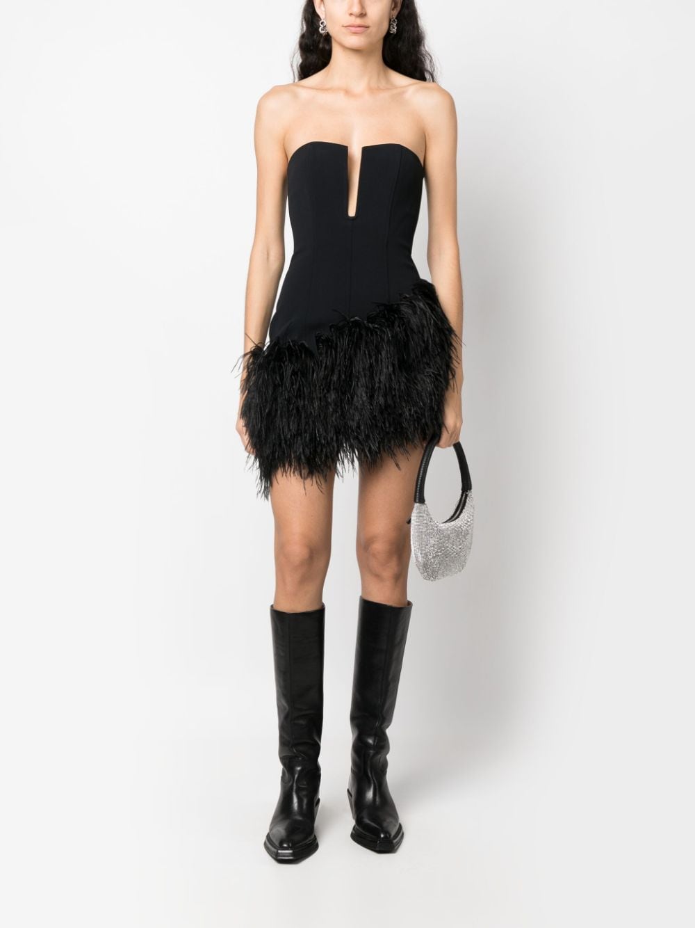 Ella Off Shoulder Ostrich Feather Trim Denim Mini Dress M / Denim