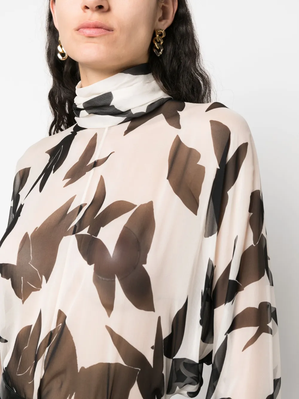 Saint Laurent Butterfly Print Silk Blouse With Tie Cuffs In Nude