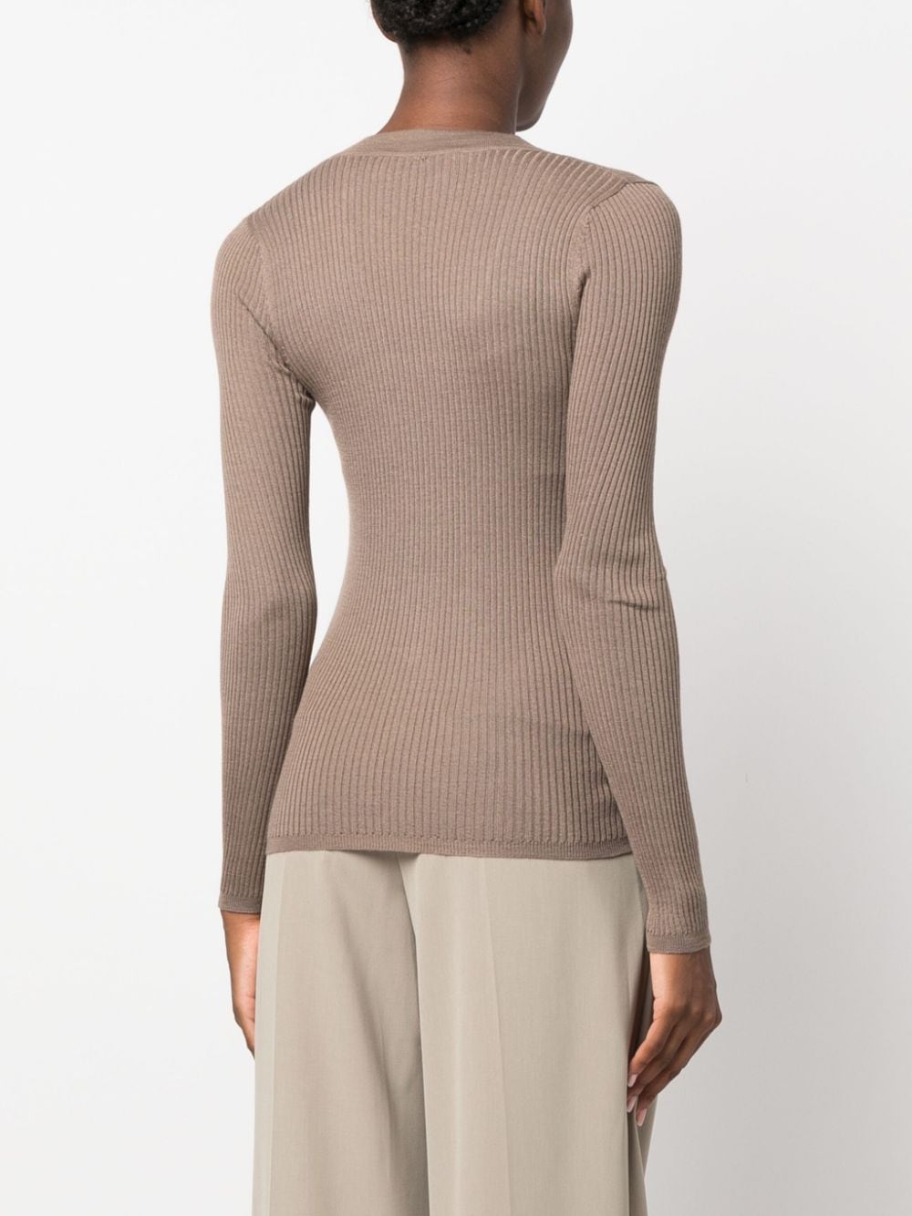 Shop Wild Cashmere Cloe Ribbed-knit V-neck Cardigan In 褐色