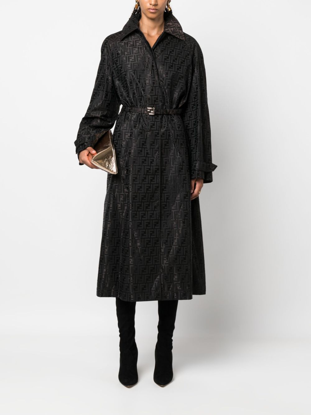 Shop Fendi Ff Jacquard Trench Coat In Brown