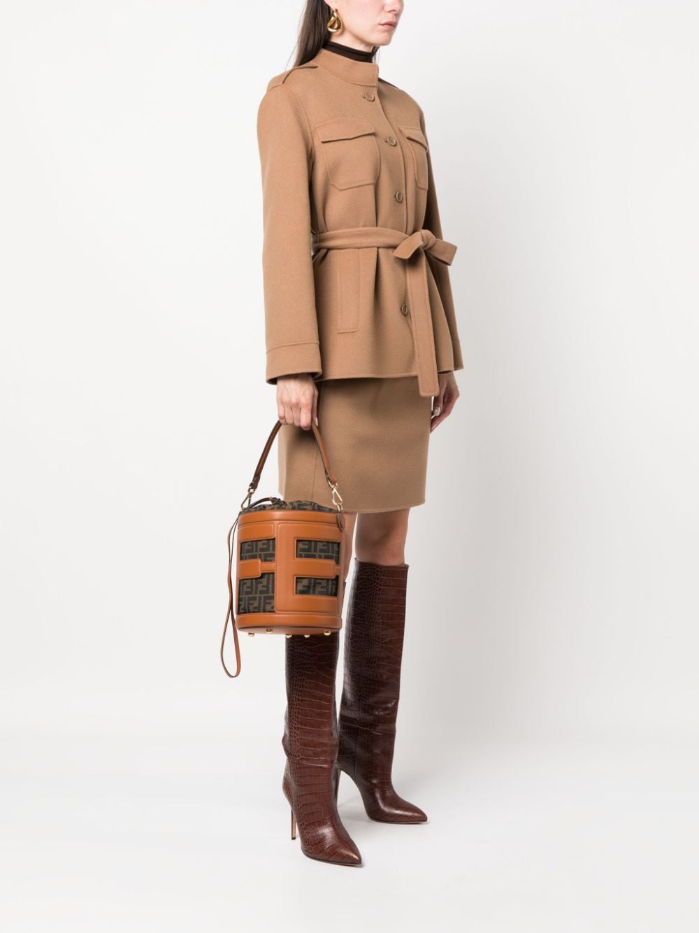 Shop Fendi Ff-pattern Cut-out Bucket Bag In Brown