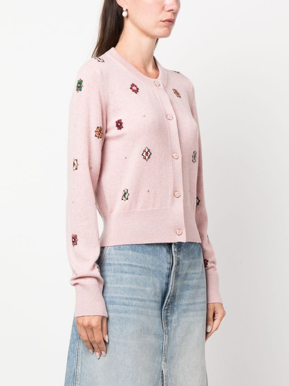 Shop Barrie Intarsia-knit Round-neck Cardigan In Pink