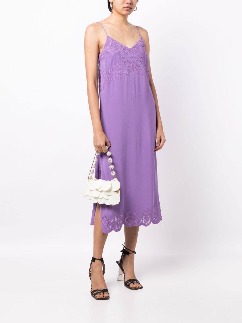 Shop Sea Baylin Floral-embroidered Slip Midi Dress In Purple