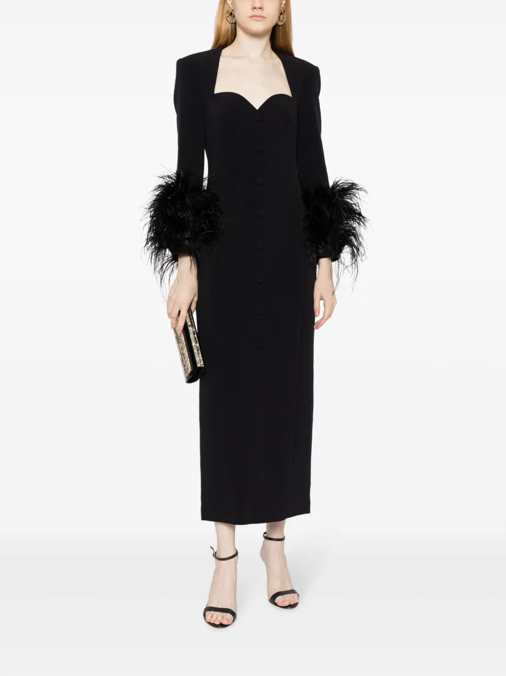 Shop Huishan Zhang Fontaine Feather-trim Midi Dress In Black