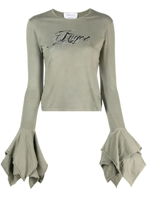 Blumarine logo-print flared-cuffs cotton top