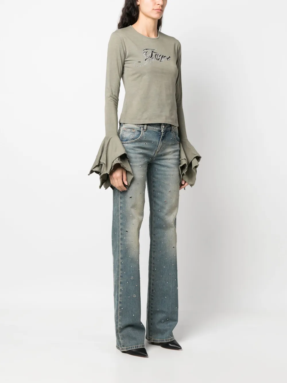 Blumarine Logo-print Flared-cuffs Cotton Top In Green