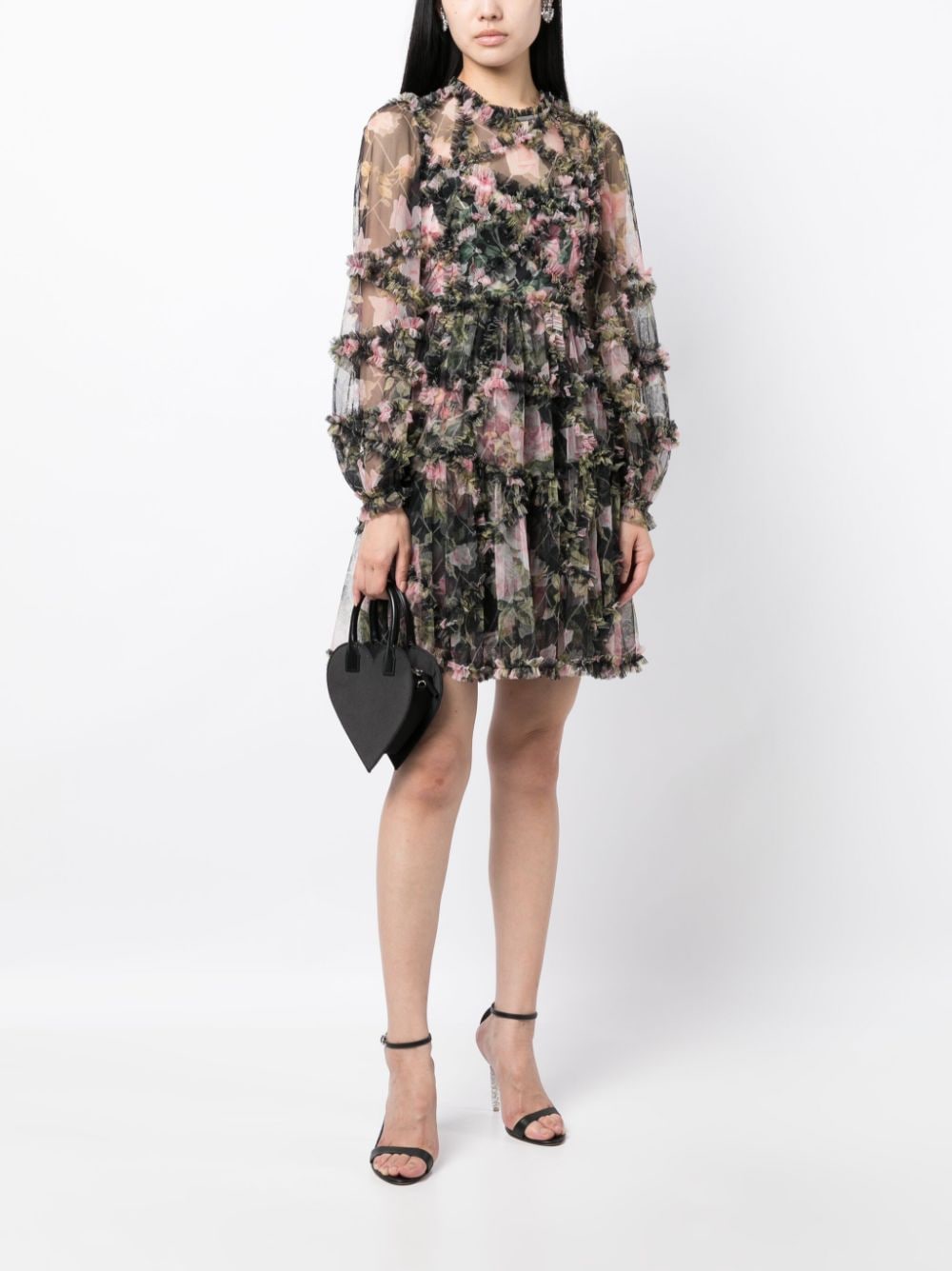 Needle & Thread floral-print ruffle-detailing dress - Zwart