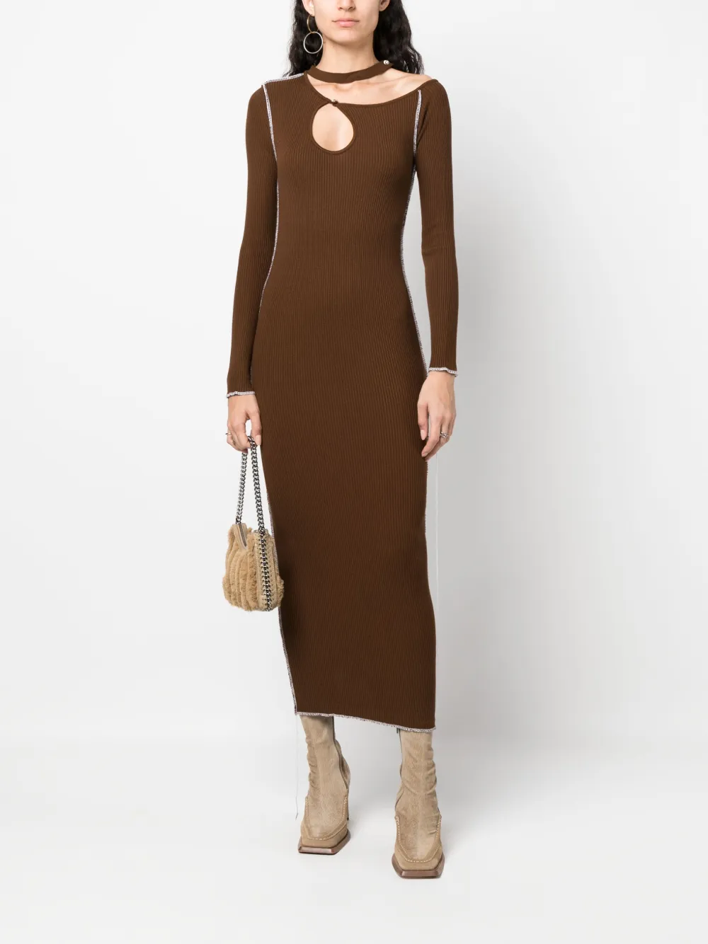 JULFER Ribgebreide midi-jurk - Bruin