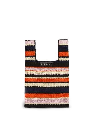 MARNI MARKET Knit Cotton Handbag Crochet Bag Striped Green Flower