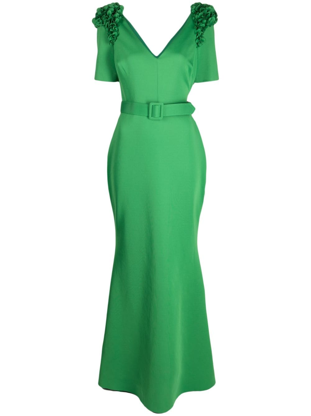 Badgley Mischka Floral-appliqué Belted Dress In Green