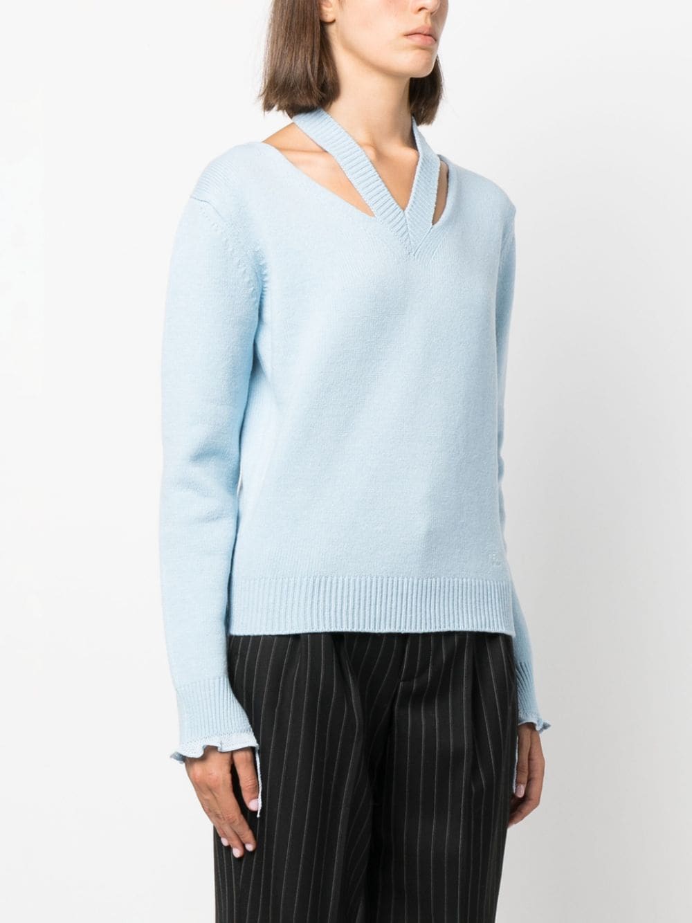 Shop Fendi Logo-embroidered Cut-out Fine-knit Jumper In Blue