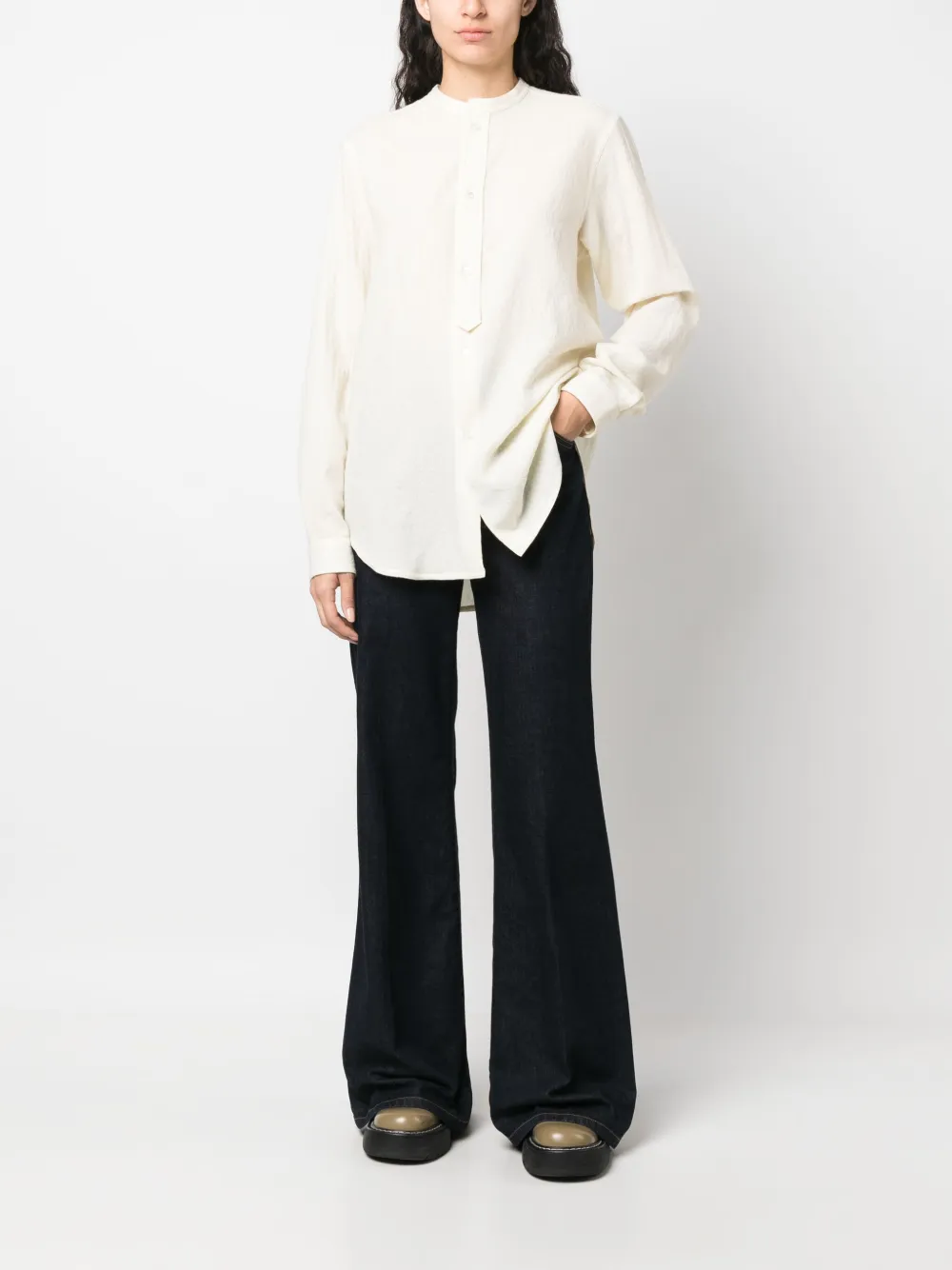 Sofie D'hoore band-collar wool shirt - Beige
