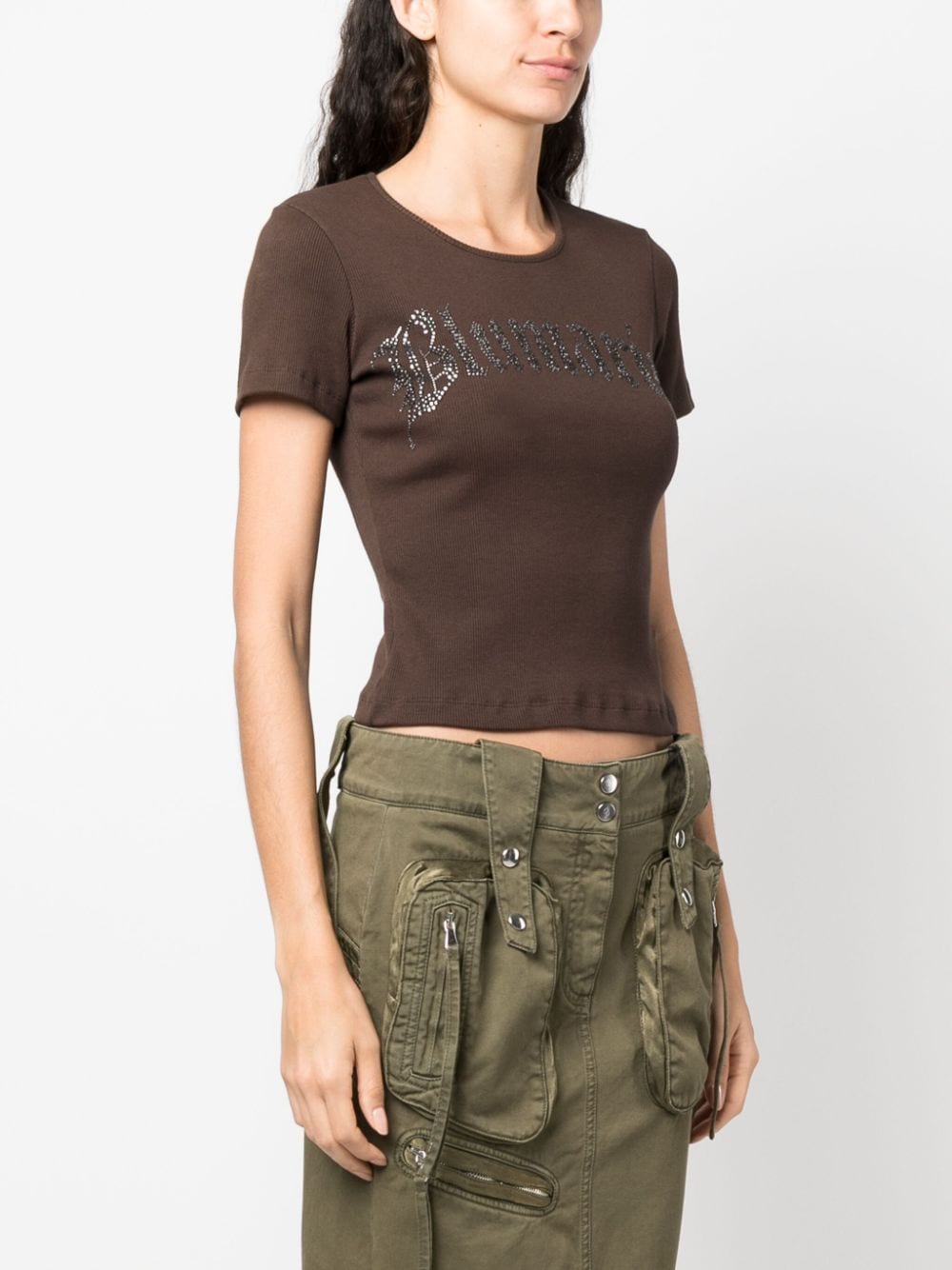 Shop Blumarine Logo-embellished Ribbed-knit T-shirt In 褐色