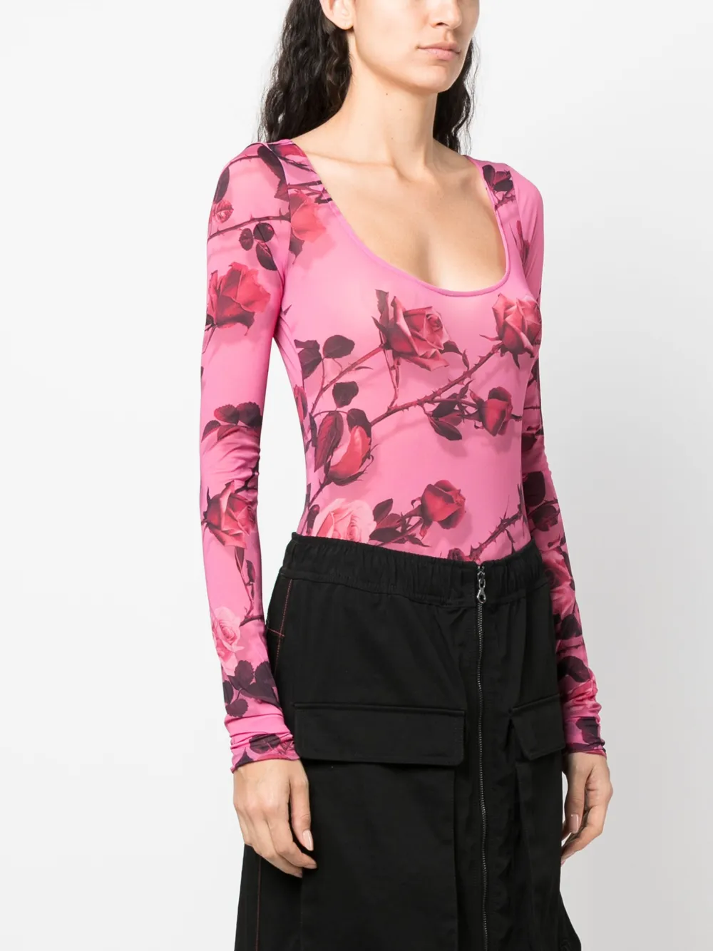  Blumarine Floral-print Long-sleeve Bodysuit - Pink 