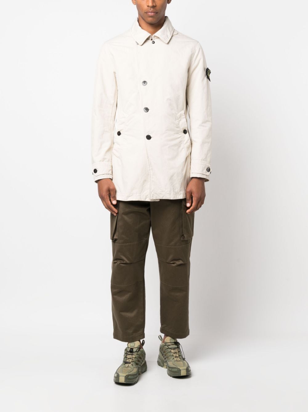 Shop Stone Island Compass-patch Single-breasted Coat In Neutrals