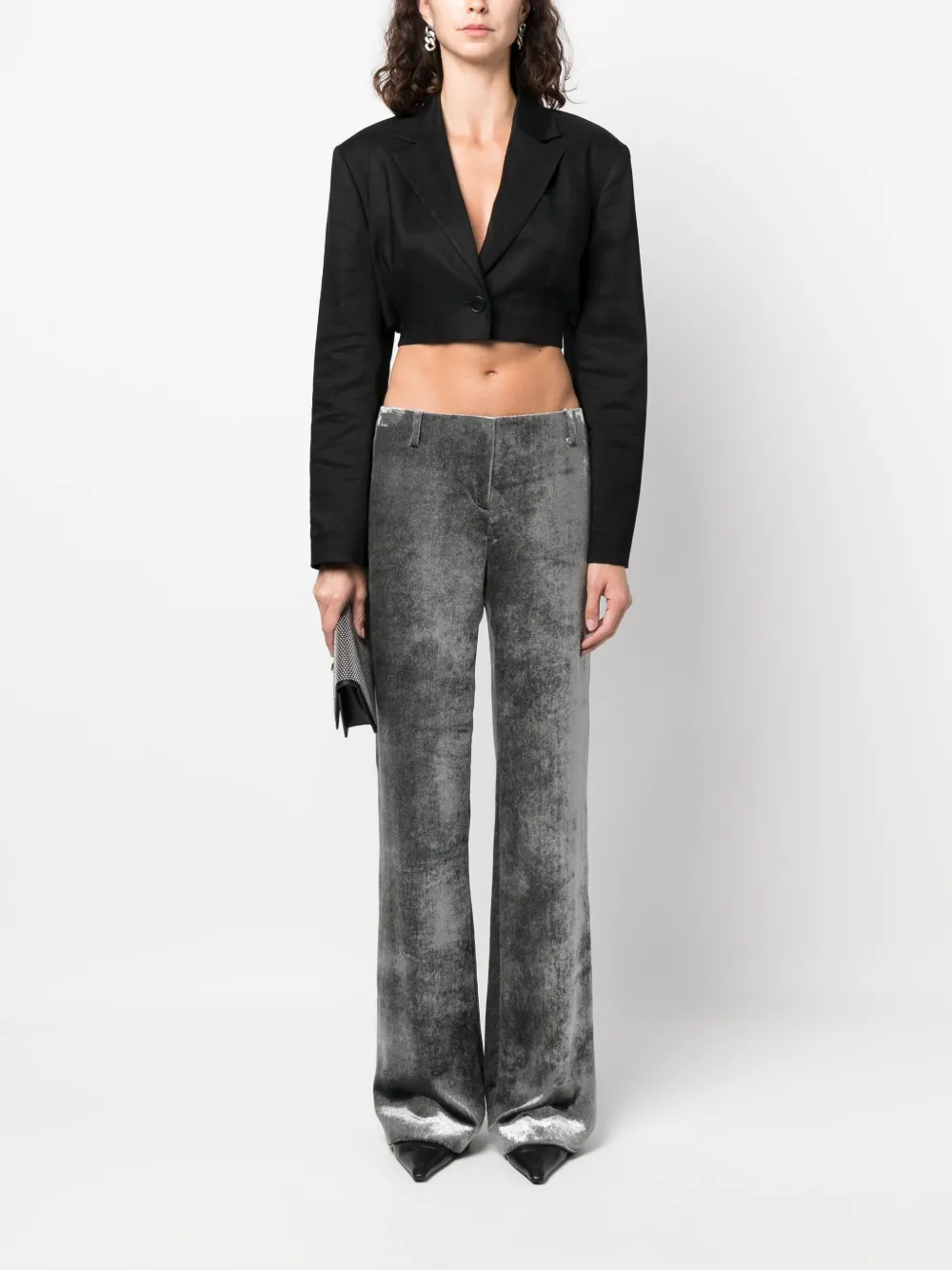 Shop Alberta Ferretti Crushed-velvet Low-rise Trousers In Silver