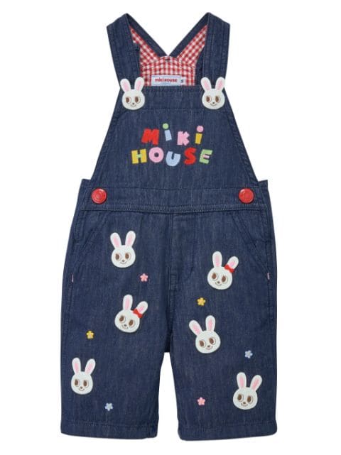 Miki House rabbit-embroidered cotton overalls