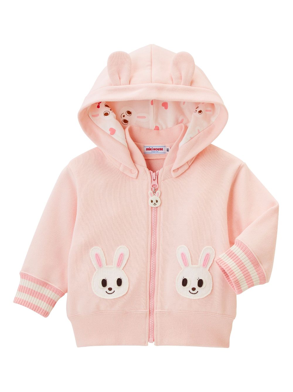 Miki House rabbit-embroidered cotton hooded jacket - Pink