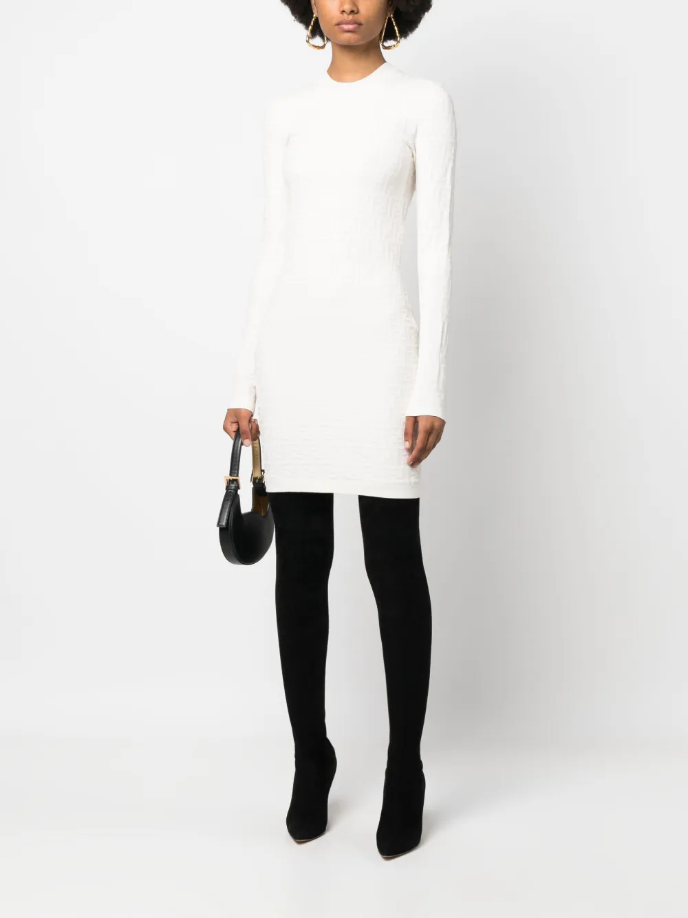 Shop Fendi Ff-pattern Long-sleeve Minidress In Nude