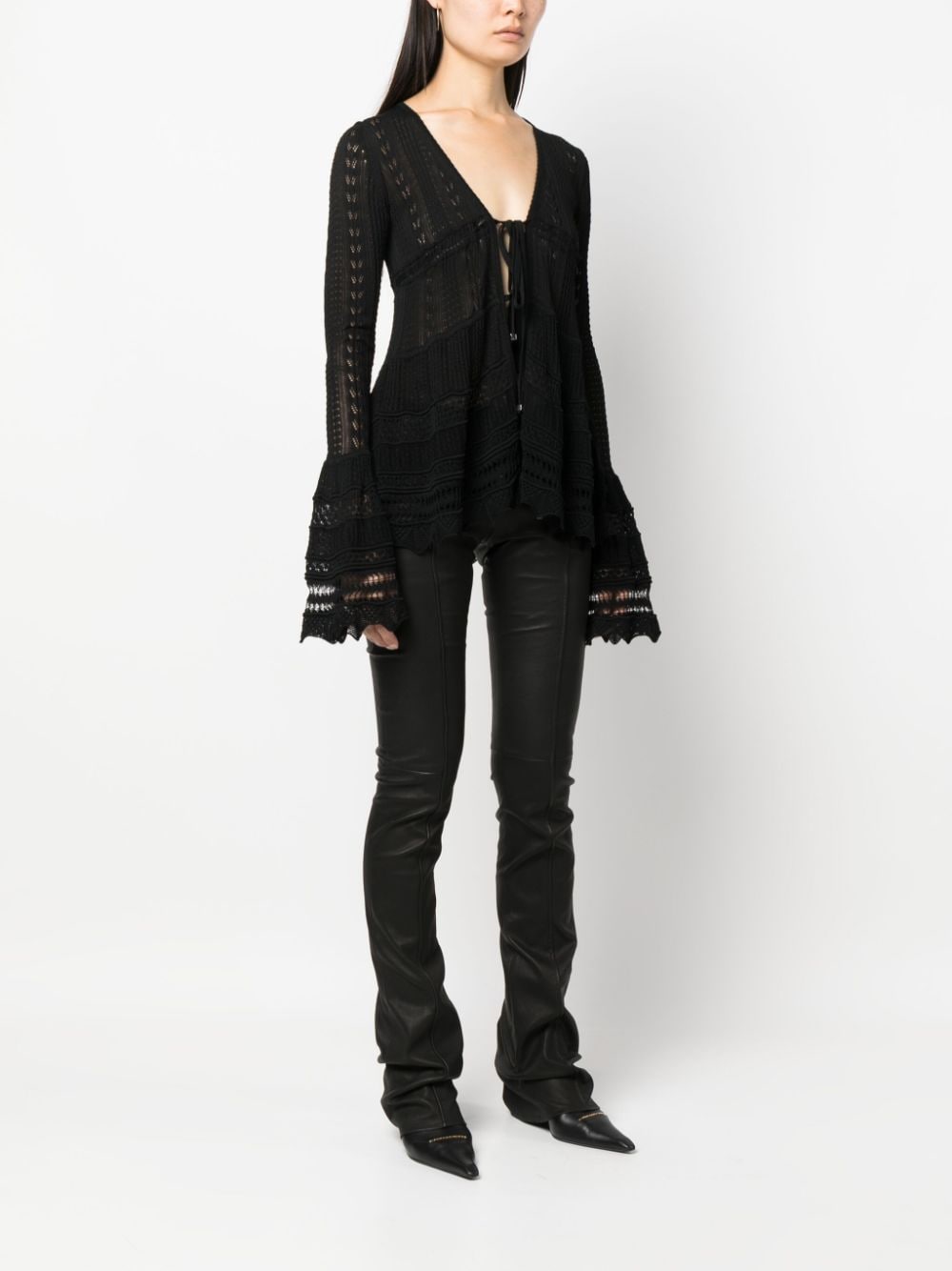 Shop Blumarine Lace-up Crochet-knit Cardigan In Black