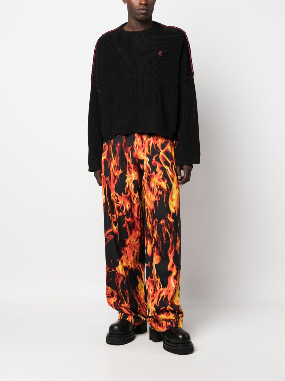 VETEMENTS fire-print elasticated-waist cotton trousers - Zwart