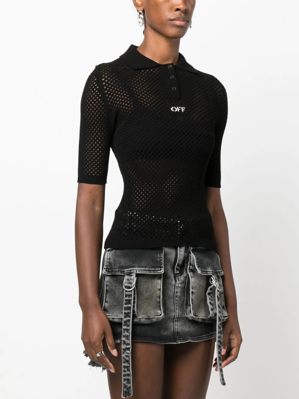  Off-white Off-logo Open-knit Polo Shirt - Black 
