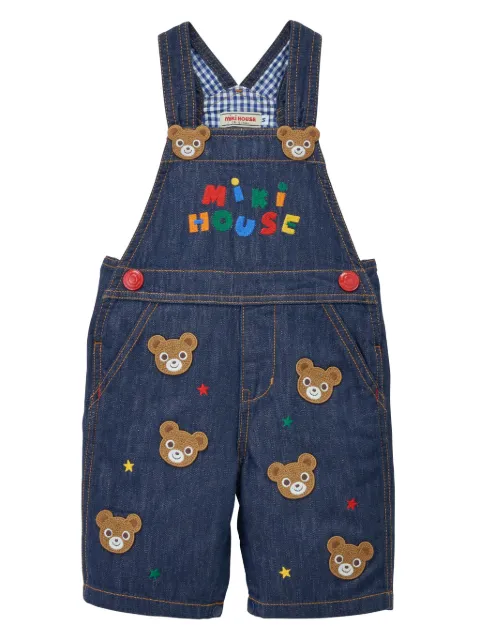 Miki House bear-embroidered cotton overalls