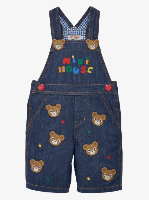 Miki House bear-embroidered cotton overalls