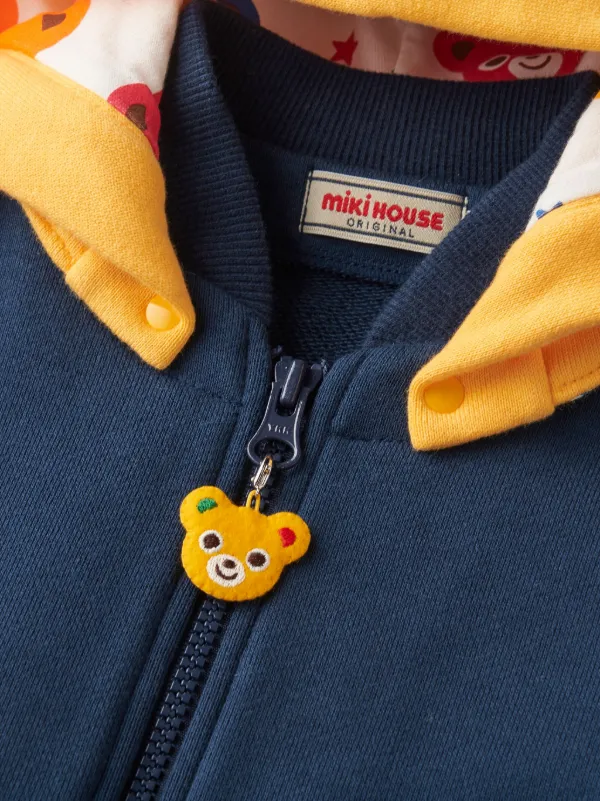 Miki House bear-embroidered Cotton Hooded Jacket | Blue | FARFETCH
