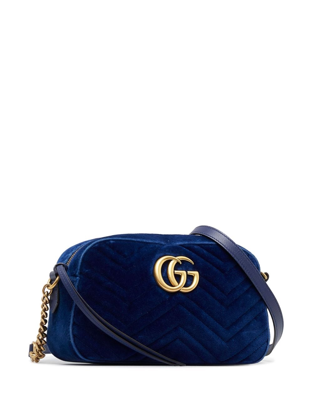 GUCCI Velvet Matelasse Small GG Marmont Chain Shoulder Bag Cobalt