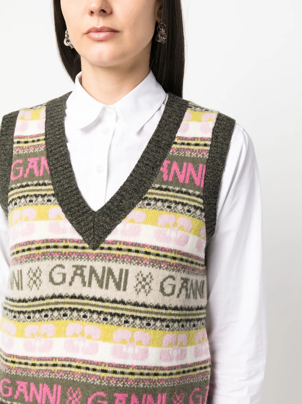 Shop Ganni Ribbed V-neck Intarsia-knit Vest In Pink