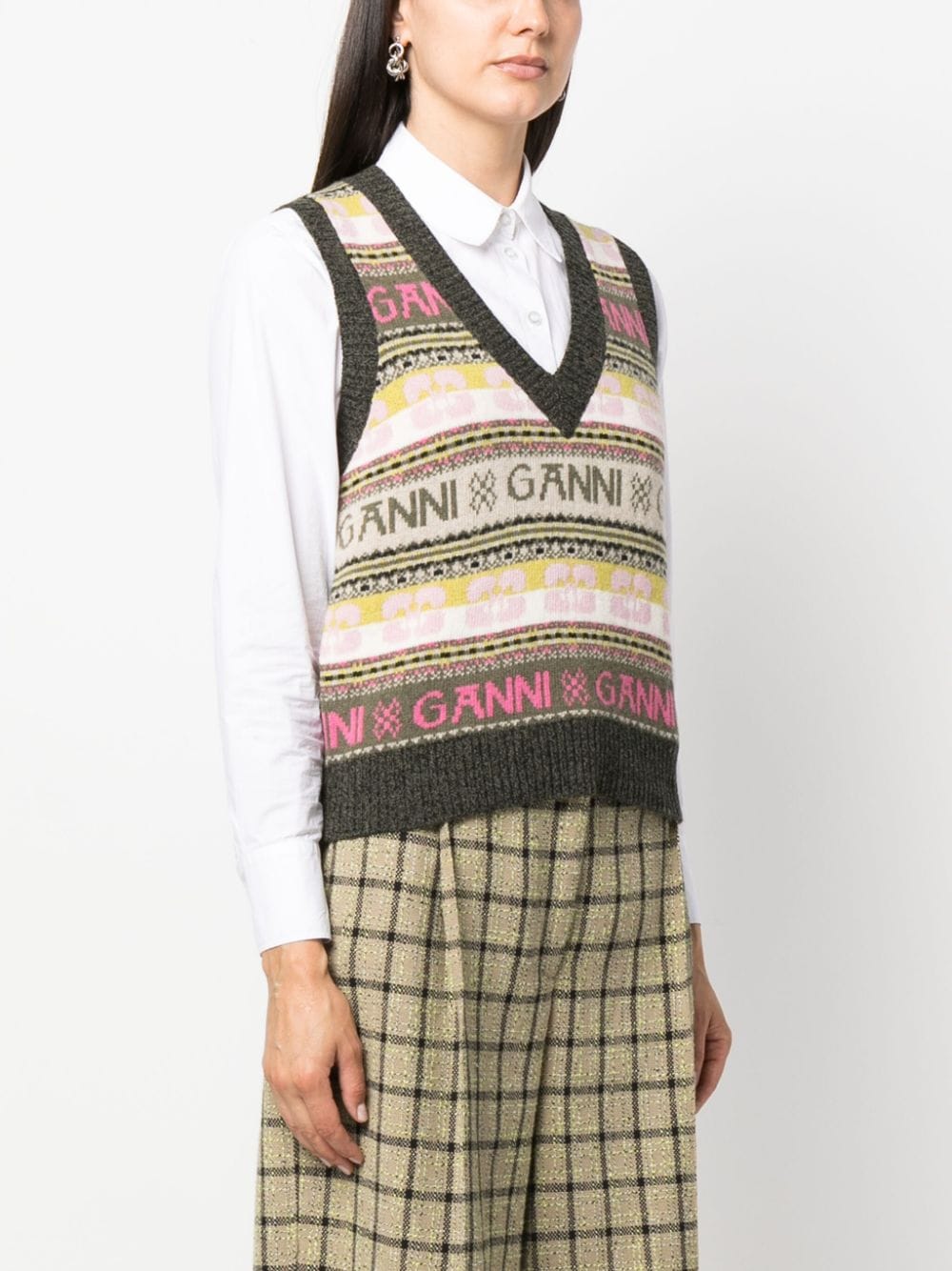 Shop Ganni Ribbed V-neck Intarsia-knit Vest In Pink