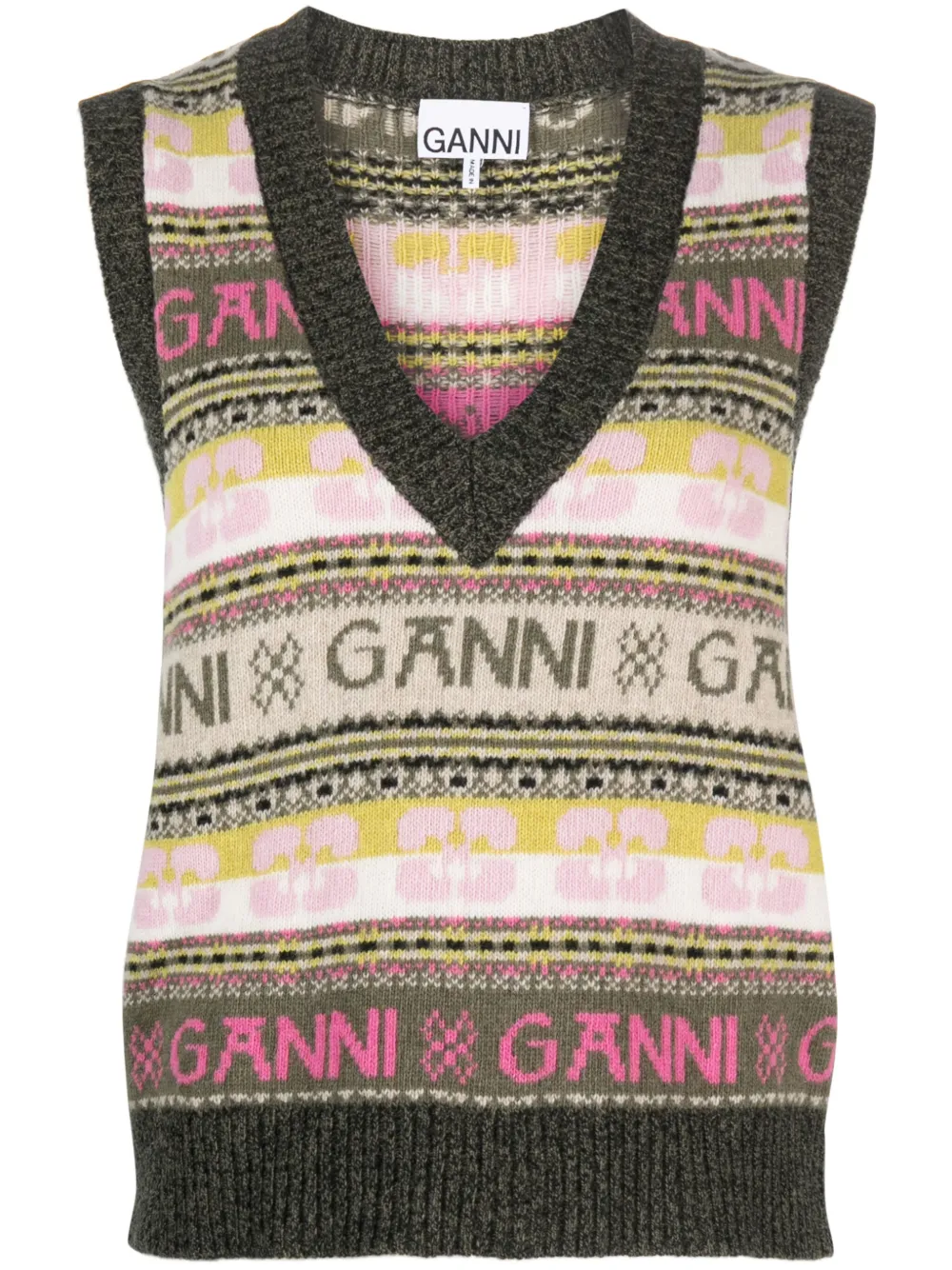 Shop Ganni Ribbed V-neck Intarsia-knit Vest In Pink